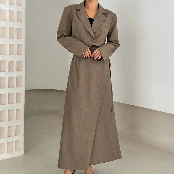 Brown Preppy Womens Women's Solid Color Slim Fit Double Breasted Blazer - Picture 4 of 5